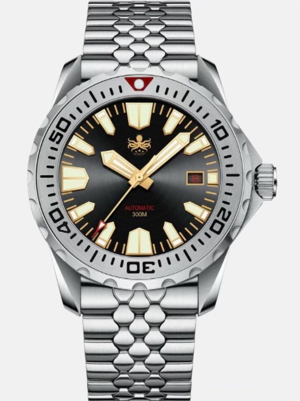 ¡RARE! Phoibos Kraken V1 300m Automatic Sunray Black/Gold PY033D 41mm Dive Watch